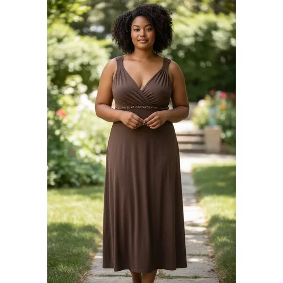 Jessica Howard Women's Brown V Neckline Dress - Picture 1 of 6